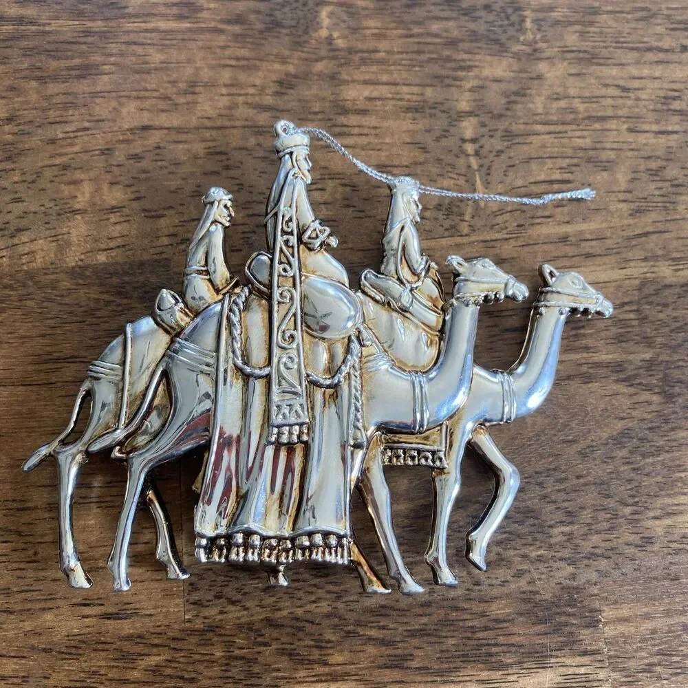 4 Vintage Christmas Ornaments Gold Tone Wise Men Camel Angel Manger Jesus